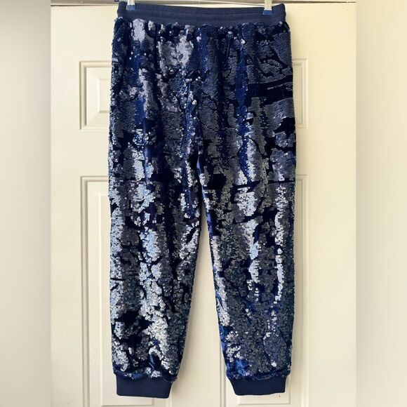 Anthropologie ett:twa Sequin Velvet Joggers Holiday Sparkle navy blue Medium M - Picture 3 of 16